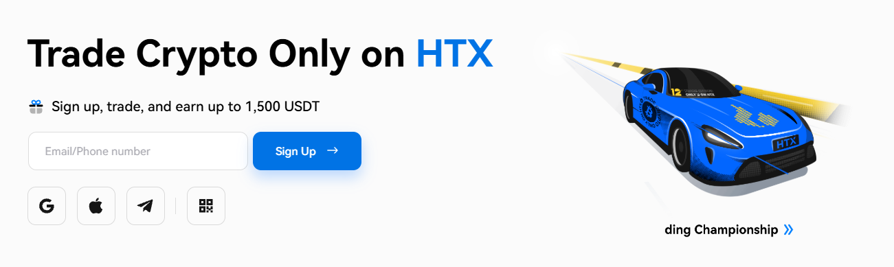 HTX exchange homepage interface showing crypto market trends